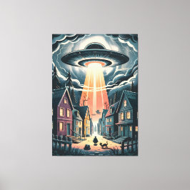 UFO Abduction Night Street Illustration Canvastryck