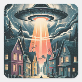 UFO Abduction Night Street Illustration Fyrkantigt Klistermärke
