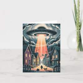 UFO Abduction Night Street Illustration Helgkort