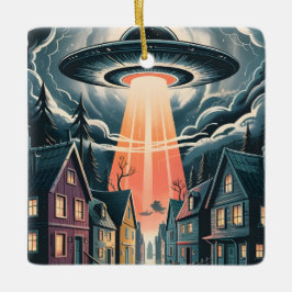 UFO Abduction Night Street Illustration Julgransprydnad Keramik