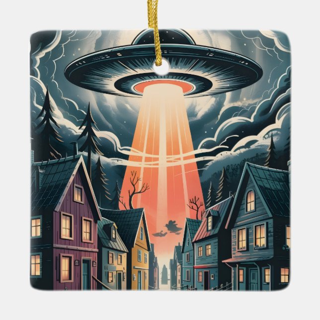 UFO Abduction Night Street Illustration Julgransprydnad Keramik (Framsida)