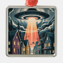 UFO Abduction Night Street Illustration Julgransprydnad Metall