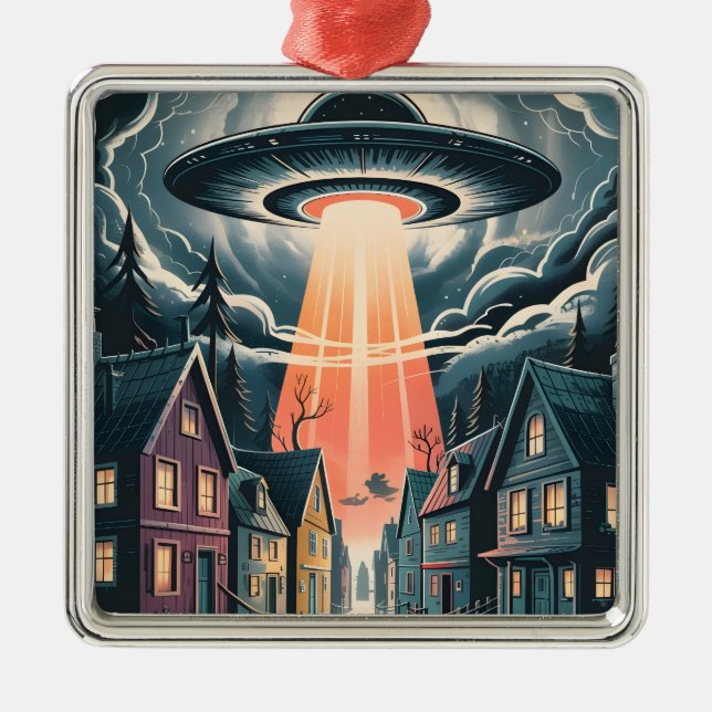 UFO Abduction Night Street Illustration Julgransprydnad Metall (Framsidan)