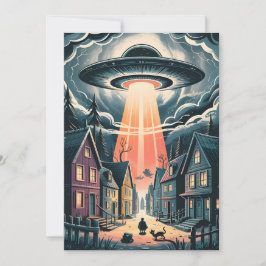 UFO Abduction Night Street Illustration Julkort