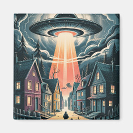 UFO Abduction Night Street Illustration Magnet