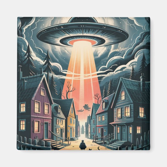 UFO Abduction Night Street Illustration Magnet (Framsidan)
