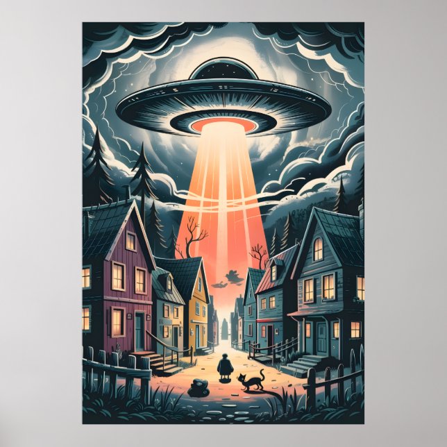 UFO Abduction Night Street Illustration Poster (Framsidan)