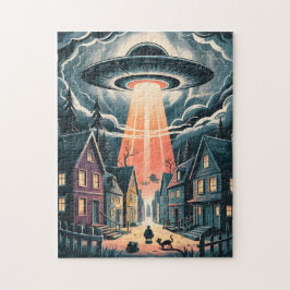 UFO Abduction Night Street Illustration Pussel