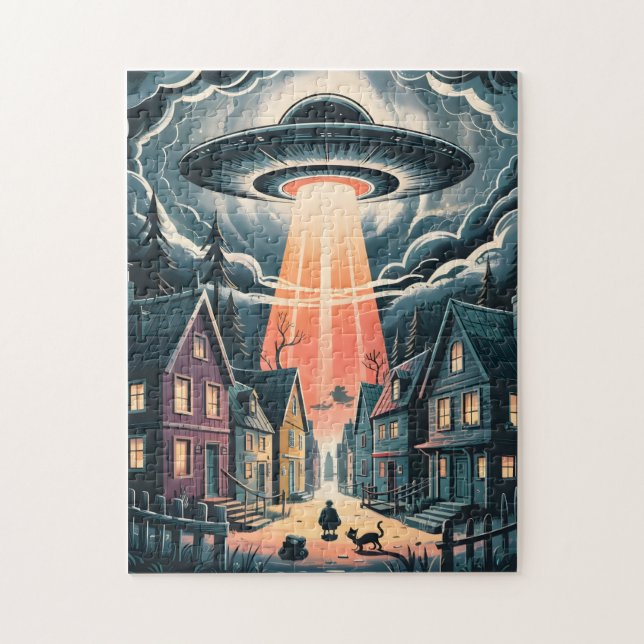 UFO Abduction Night Street Illustration Pussel (Vertikal)