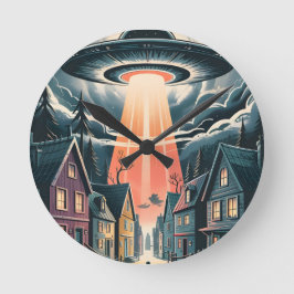UFO Abduction Night Street Illustration Rund Klocka