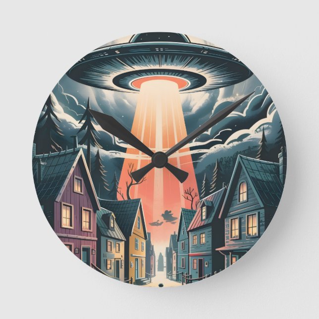 UFO Abduction Night Street Illustration Rund Klocka (Framsida)