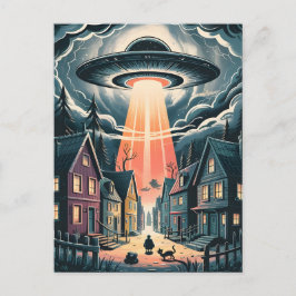 UFO Abduction Night Street Illustration Vykort