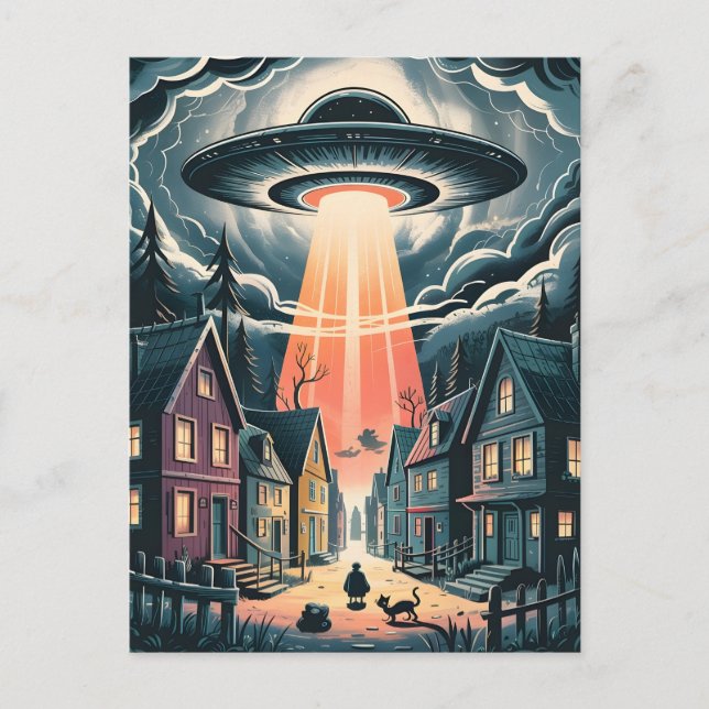 UFO Abduction Night Street Illustration Vykort (Framsida)
