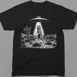 UFO Alien Katt Bortförande Retro Träsnitt T Shirt