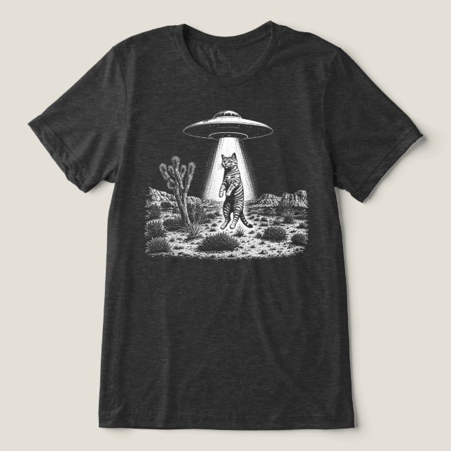 UFO Alien Katt Bortförande Retro Träsnitt T Shirt (Design Framsida)