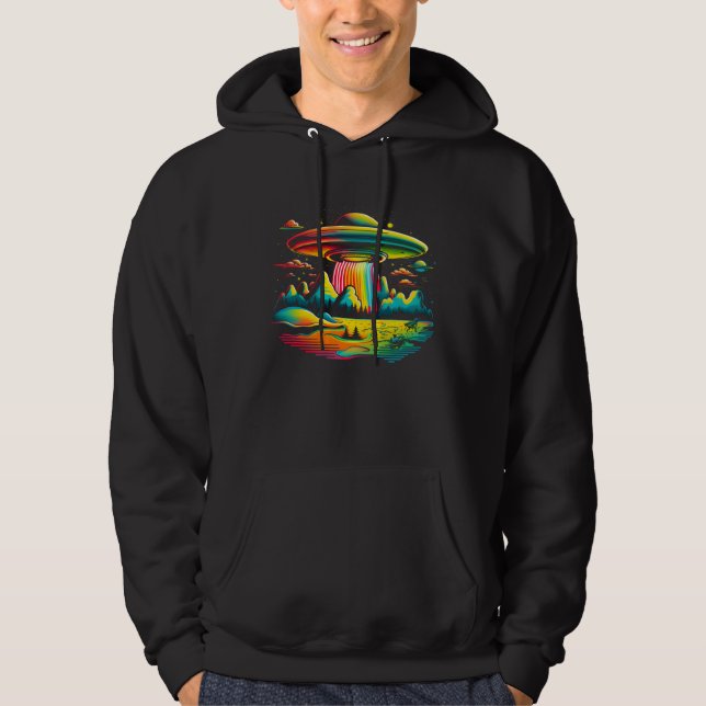 UFO Alien Retro Bright Mountain Lake Camping Visit Hoodie (Framsida)