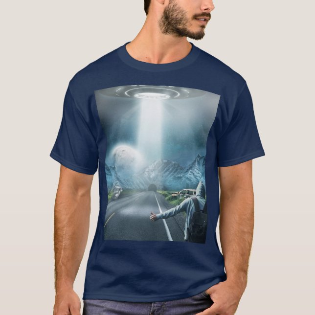 UFO Alien Rymdskepp Hitchhiker Tee T-Shirt (Framsida)