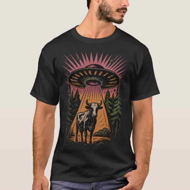 UFO Cow Abduction Funny Vintage Retro T Shirt (Framsida)