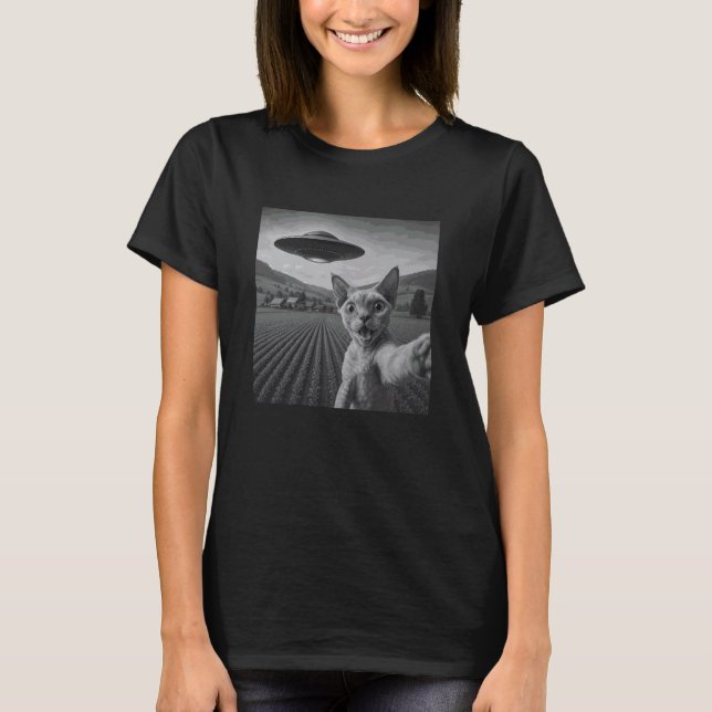 UFO Devon Rex Katt Selfie med Invasion Alien Husdj T Shirt (Framsida)