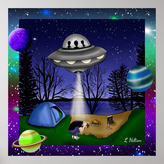 UFO Extraterrestrial Abduction Alien with Planets Poster (Framsidan)