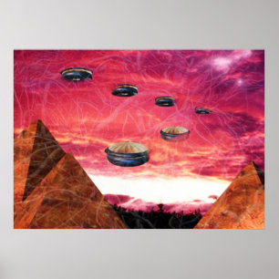 Ufo-fluga ovanför främlingpyramider poster