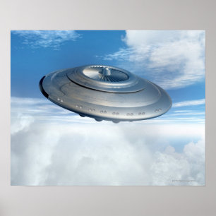 Ufo-flyg till och med molniga skies. poster