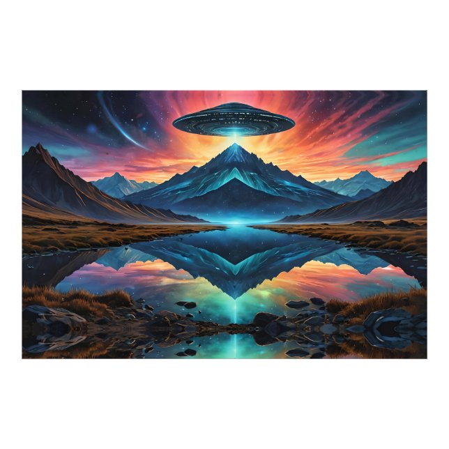 UFO-hovrar över färgrika berg och Sjö Fototryck (Framsidan)