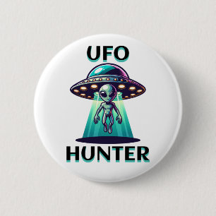 UFO Hunter Ai Art med UFO och Alien Knapp