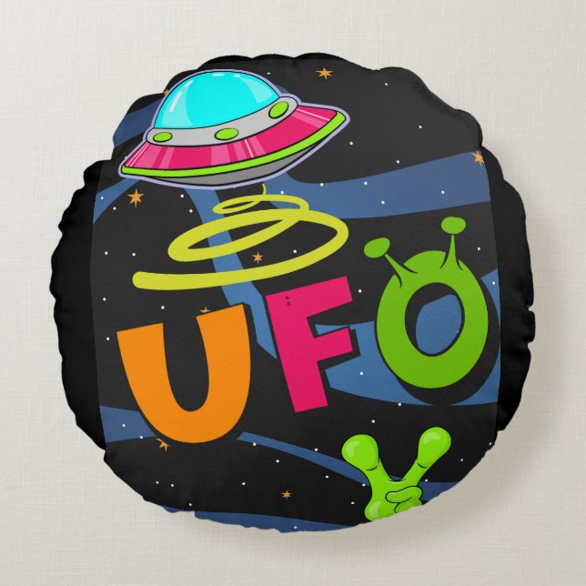 ufo i rymden säger hej  rund kudde (Framsidan)