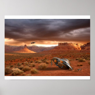 Ufo-krasch i öknen med den främmande poster