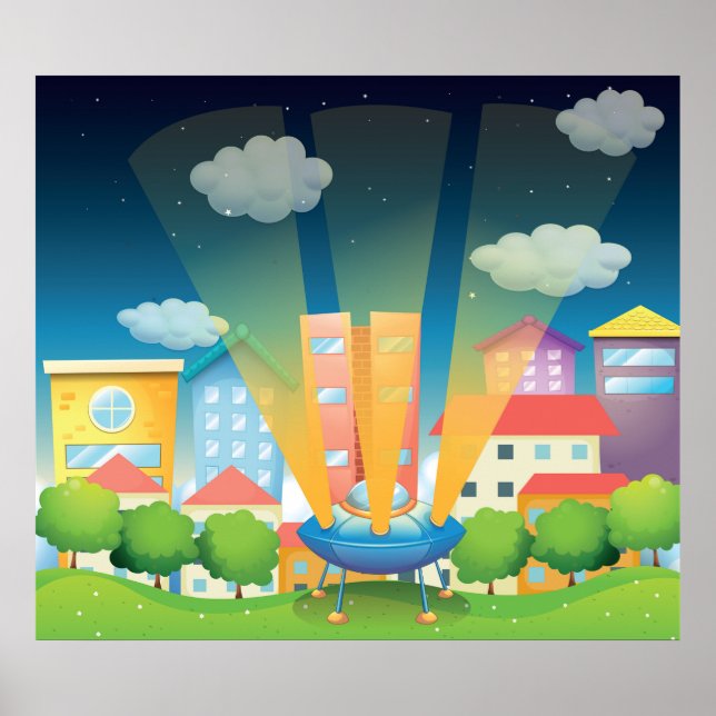 UFO Landing in a Bright City Night Scene Poster (Framsidan)