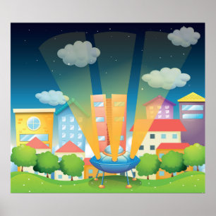 UFO-landning i en ljus stadsnattscen Poster