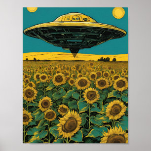 UFO-landning i solros Fält - Surreal Sci-Fi Poster