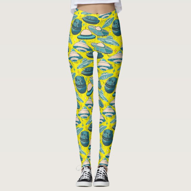 UFO Mönster Retro Stil. B Gult BG Leggings (Framsida)