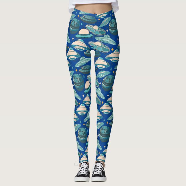UFO Mönster Retro Stil. Blue BG Leggings (Framsida)