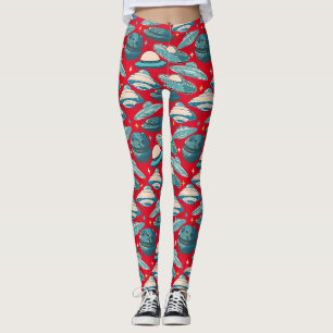 UFO Mönster Retro Stil. Red BG Leggings