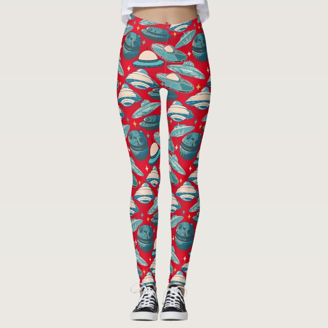UFO Mönster Retro Stil. Red BG Leggings (Framsida)