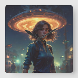 UFO möter av en flicka i staden Fyrkantig Klocka