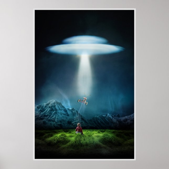Ufo och barn i fält under natten poster (Framsidan)