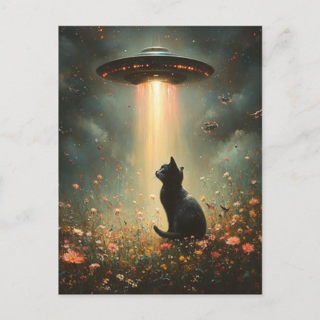 Ufo och en svart katt vykort (Framsida)