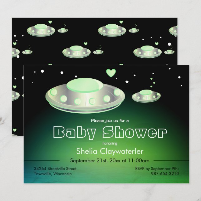 UFO och kort för baby shower för babyUFO-grönt | (Fram/baksida)