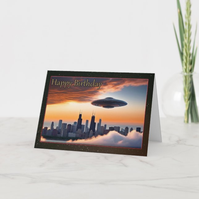 UFO Over Chicago Young Boy's Birthday Card Kort (Framsida)