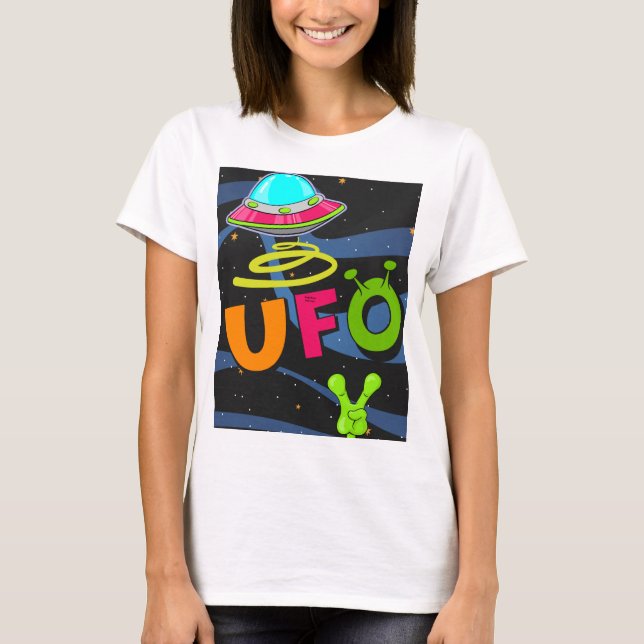 Ufo på rymden säger hej t shirt (Framsida)