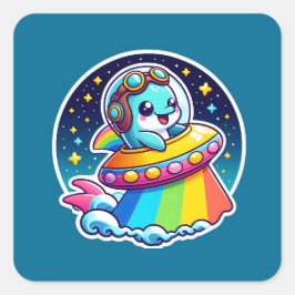UFO Rainbow Dolphin Fyrkantigt Klistermärke
