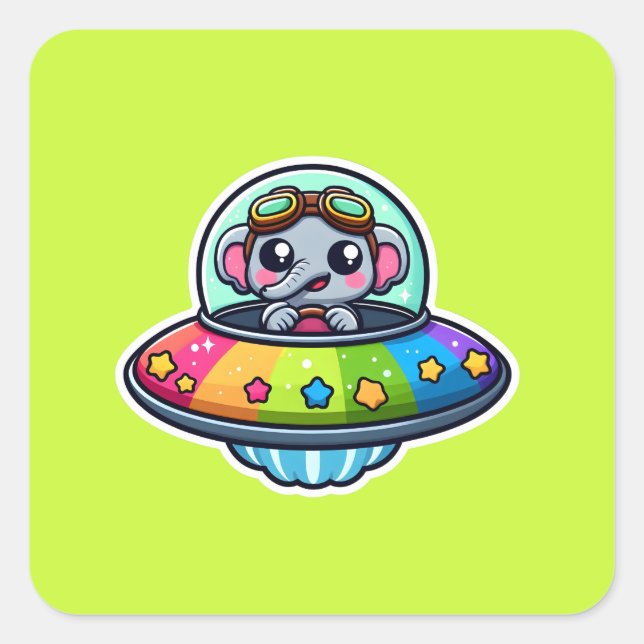 UFO Rainbow Elephant Fyrkantigt Klistermärke (Framsida)