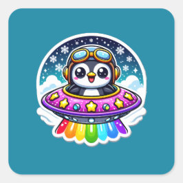 UFO Rainbow Penguin Fyrkantigt Klistermärke