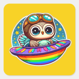 UFO Rainbow Uggla Fyrkantigt Klistermärke