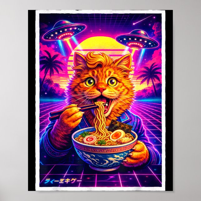 Ufo ramen cat meme retro synthwave 80s graphic poster (Framsidan)