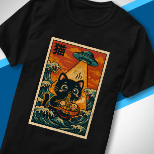 UFO Retro Japansk Ukiyo-e Söt Katt som äter Ramen T Shirt
