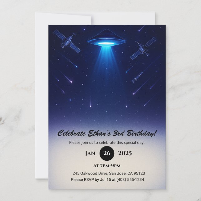 UFO Spotlight Meteor Space Illustration Birthday Inbjudningar (Framsida)